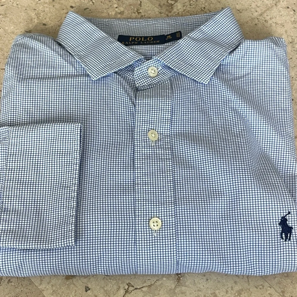 Polo Ralph Lauren Shirt Mens 18 34/35 Blue Check Button-Down Long Sleeve preppy